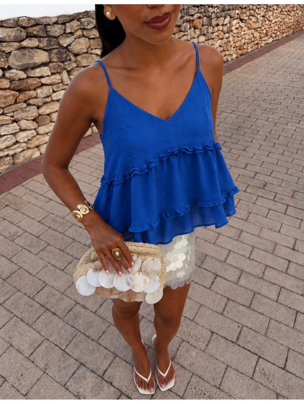 Sadie & Sage Blue Ruffle Spaghetti Strap Tank Top Size S